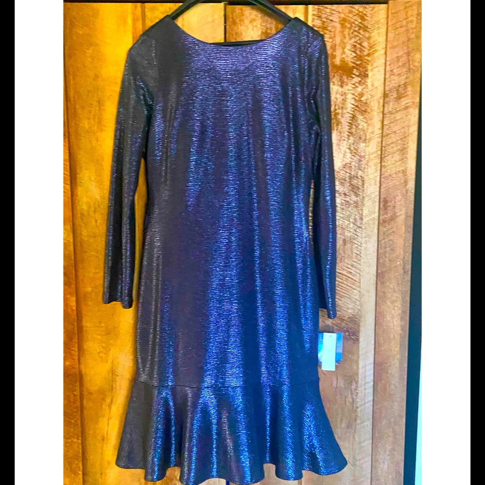 New! R&M Richards NightWay Semi Formal Metallic Navy Blue Cocktail Dress Size 12